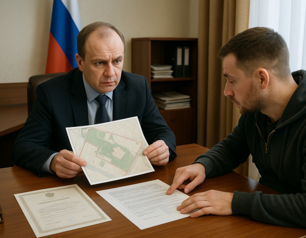 Чиновник и гражданин обсуждают земельные документы в офисе