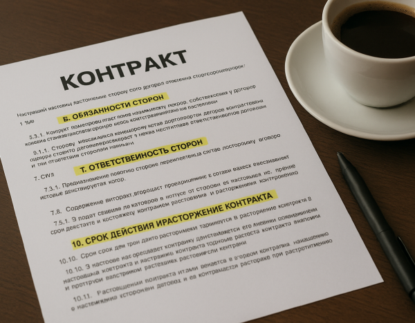 Контракт с выделенными пунктами на столе