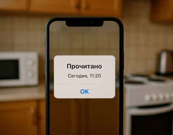 Крупный план смартфона с уведомлением о прочтении на фоне кухни