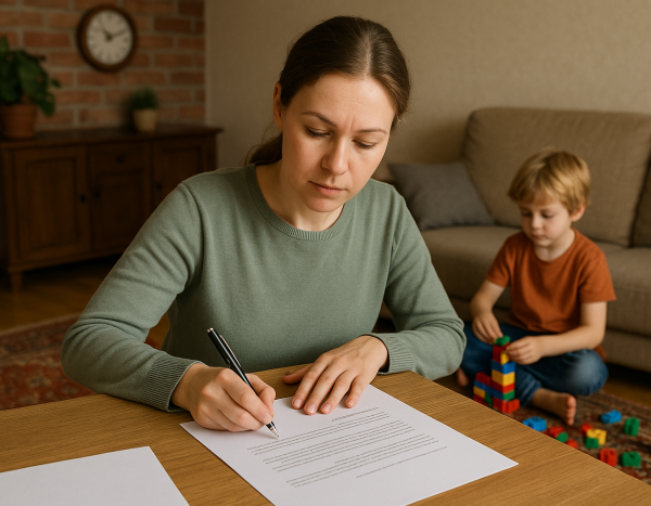 родитель подписывает документы дома, рядом играет ребенок