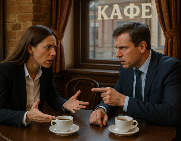 Двое бизнесменов в напряжённом разговоре в кафе