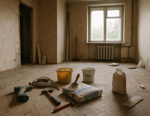 Незавершенная перепланировка в квартире с инструментами.